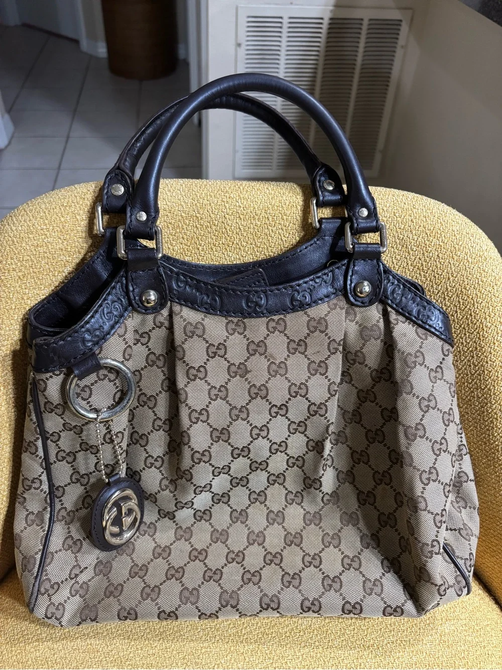 Gucci Beige/Brown GG Canvas Satchel with Dark Brown Trim